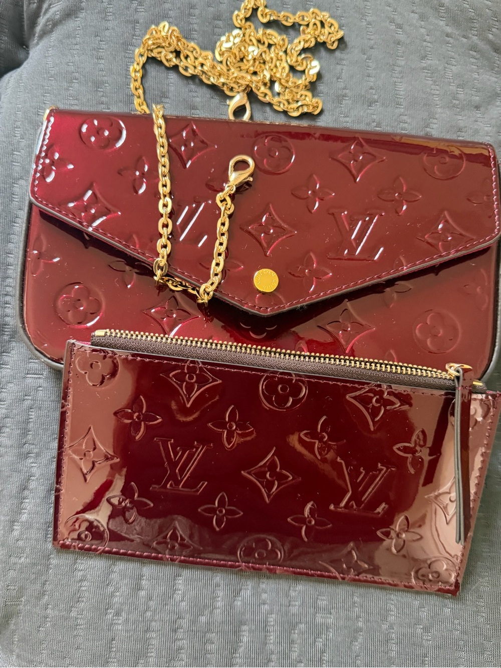 Louis Vuitton Burgundy Patent Monogram Chain Envelope Clutch with Zip Pouch